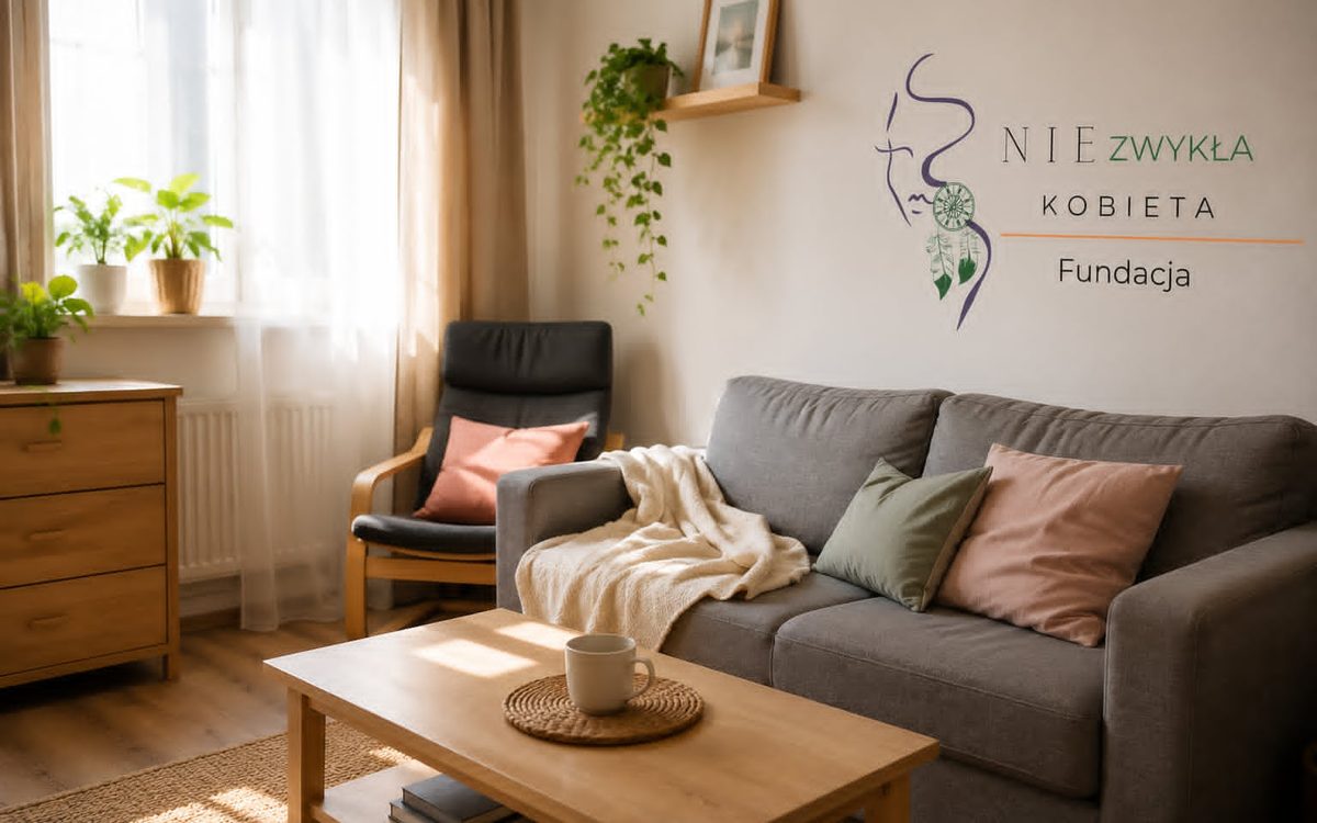 Wizualizacja pokoju dziennego: kanapa, fotel, stolik i logo Fundacji na ścianie.